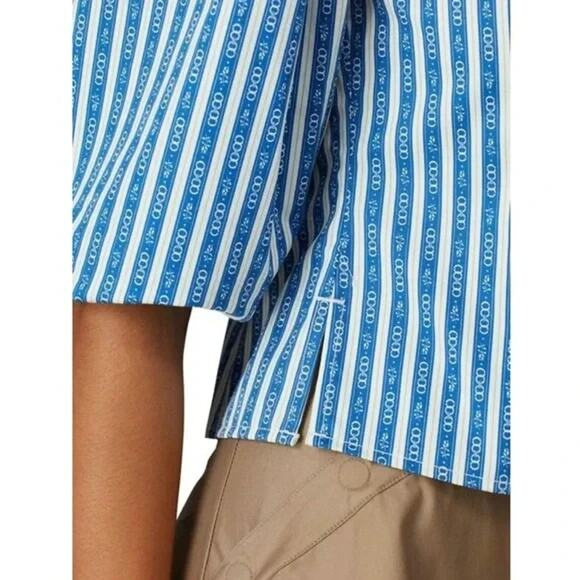 Tory Burch Gemini Link Button Front Top Size 12 Blue Stripes Cotton Puff Sleeves - Picture 6 of 14
